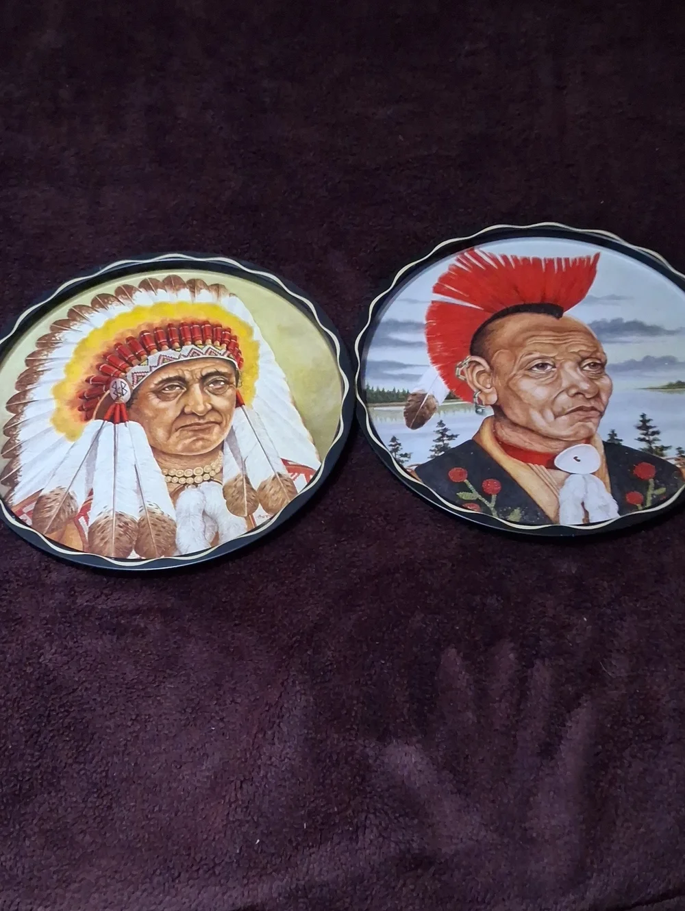Pair of Decorative Native American Portrait Trays - Red, Yellow, Brown